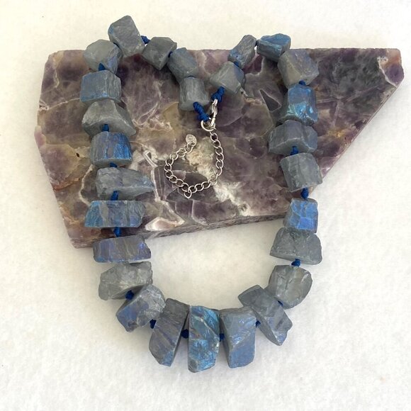 Sterling Silver 925 Chunky Knotted Titanium Coated Blue Quartz Necklace 18"-21" - Picture 3 of 16